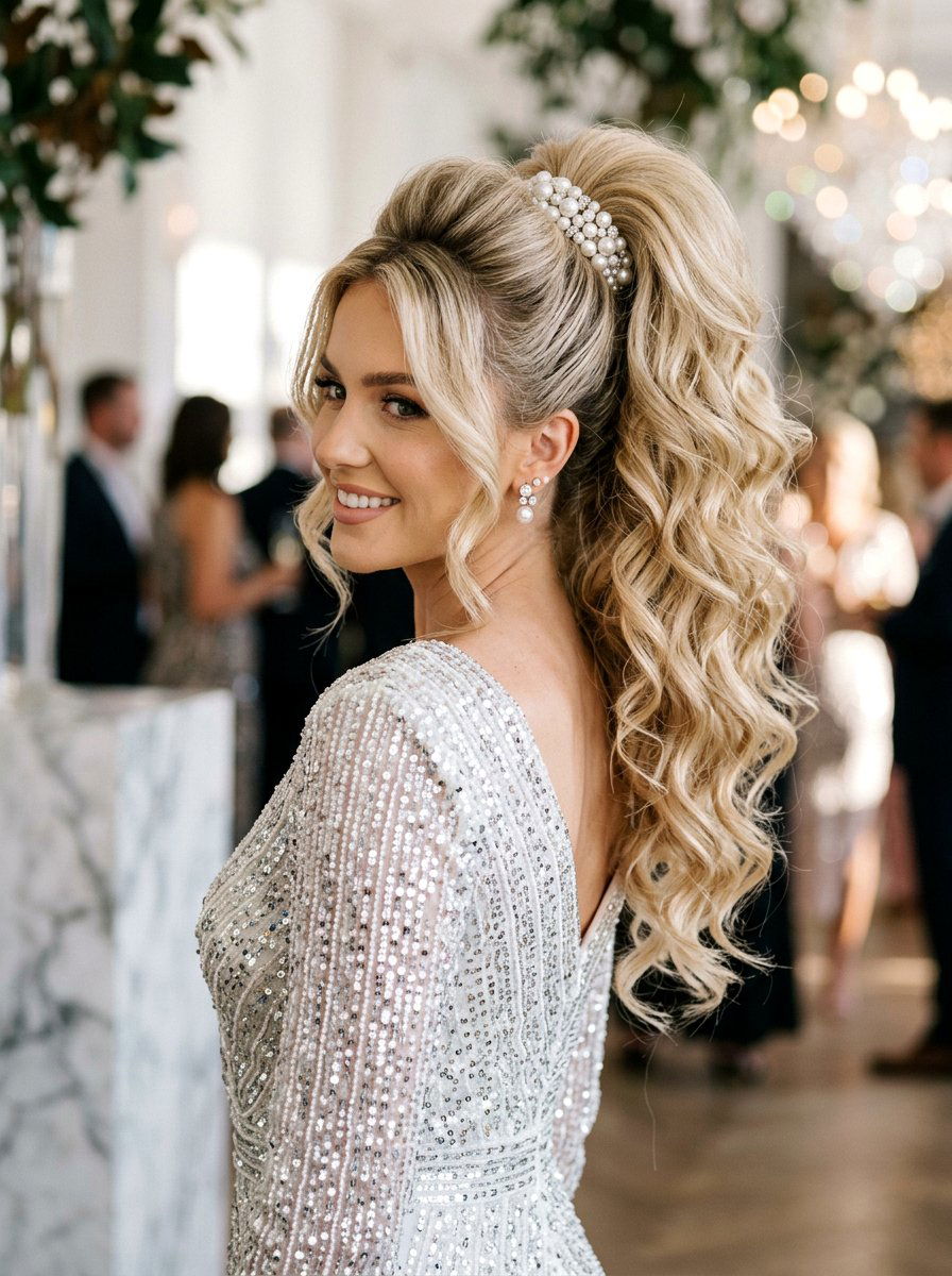 High Voluminous Pearl Ponytail - 20 party hairstyle with pearl ponytail - 20 party hairstyle with pearl ponytail