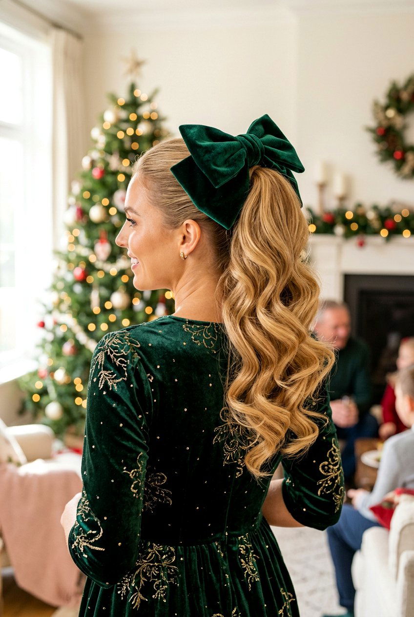 High Wavy Ponytail With Oversized Bow - 20 holiday ponytail with bow - 20 holiday ponytail with bow