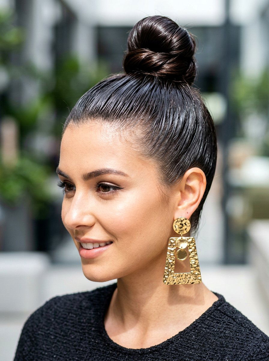 High Wet Look Top Knot Bun - 20 wet look bun hairstyle - 20 wet look bun hairstyle