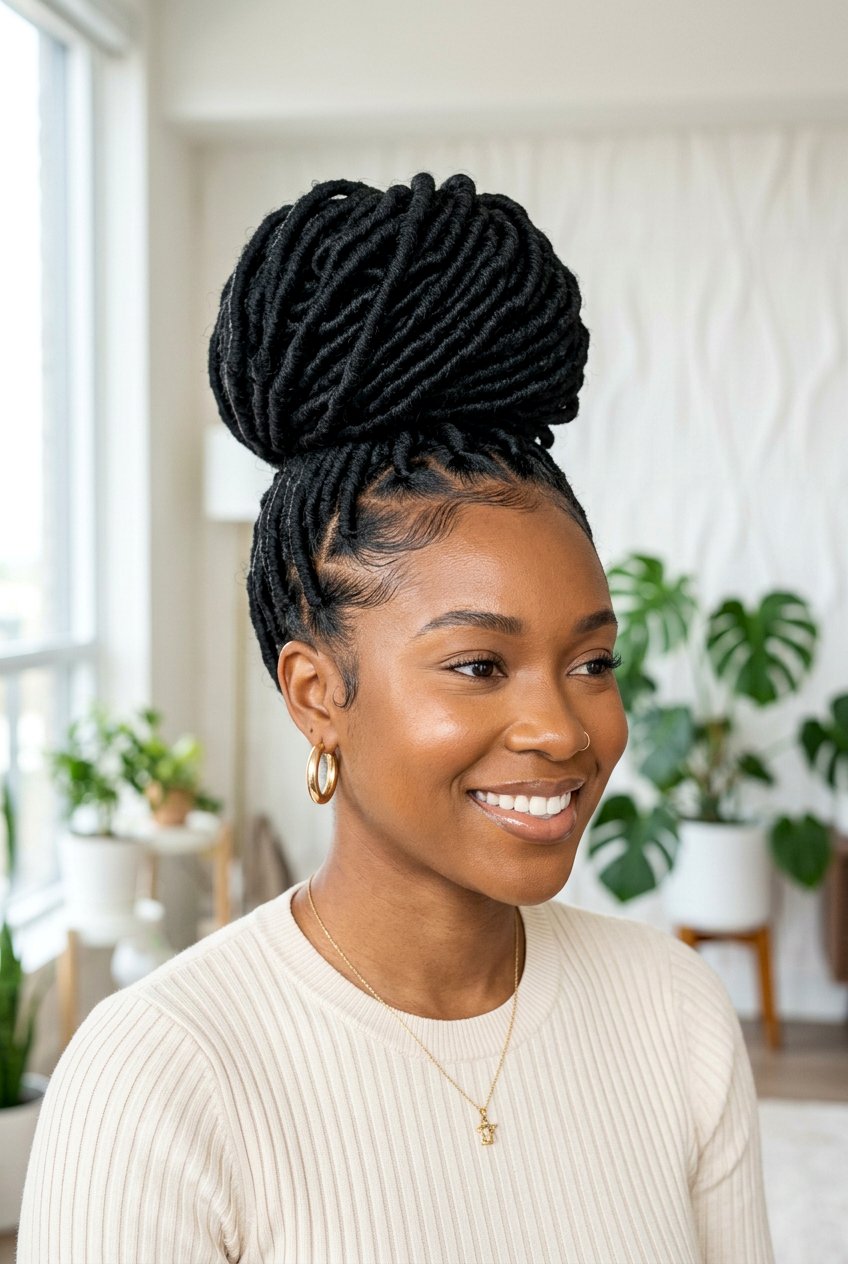 High bun faux locs hairstyle - 20 faux locs hairstyles - 20 faux locs hairstyles