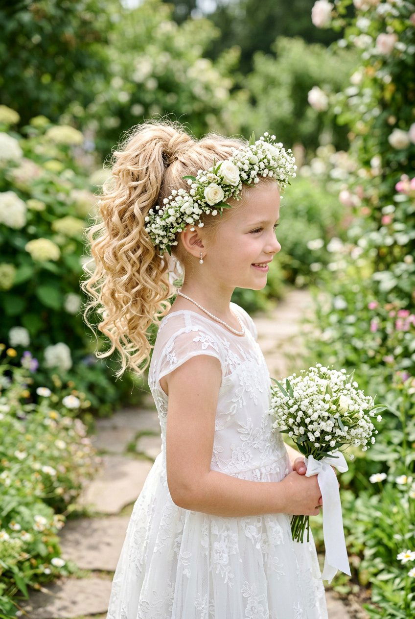 High curly ponytail with floral crown - 20 communion ponytail hairstyle - 20 communion ponytail hairstyle