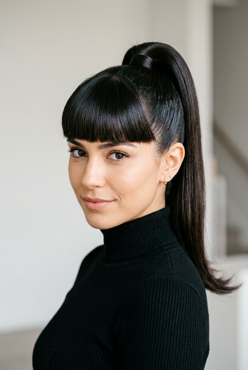 High ponytail blunt bangs - 20 blunt bangs hairstyles - 20 blunt bangs hairstyles