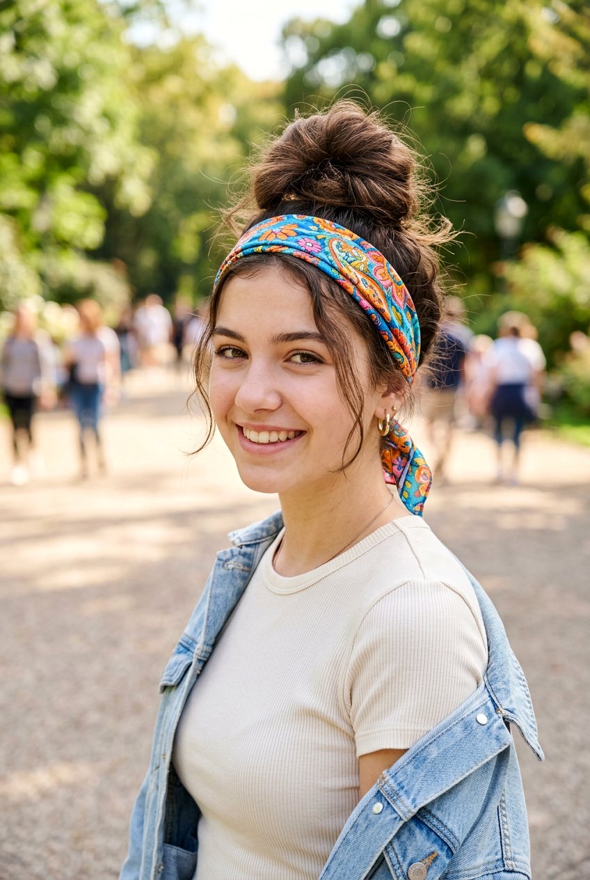High top knot with bandana - 20 hairstyles for teenage girls - 20 hairstyles for teenage girls