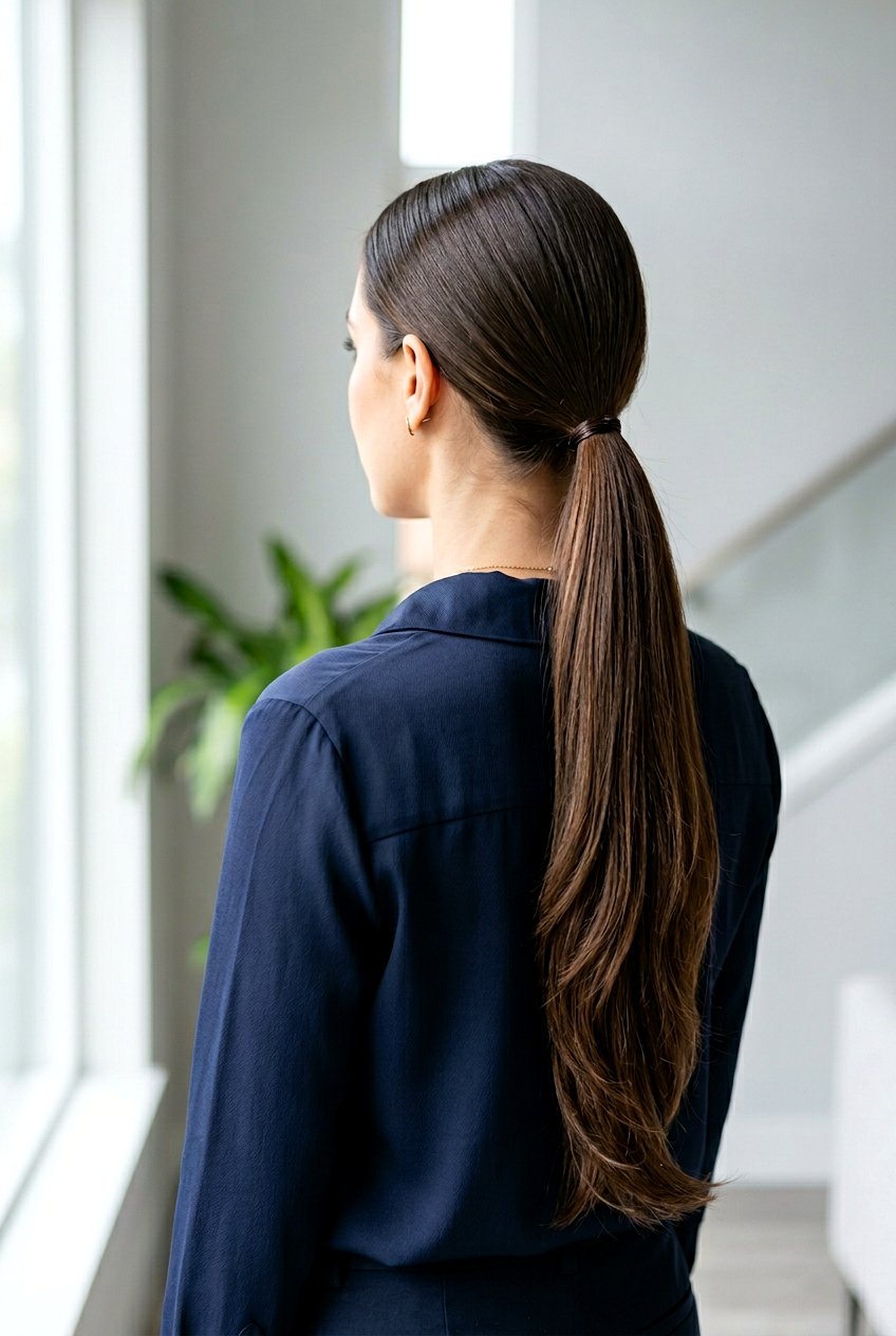 Hip Length Haircut With Long Layers And Sleek Low Ponytail Look - 20 hip length haircut with long layers - 20 hip length haircut with long layers