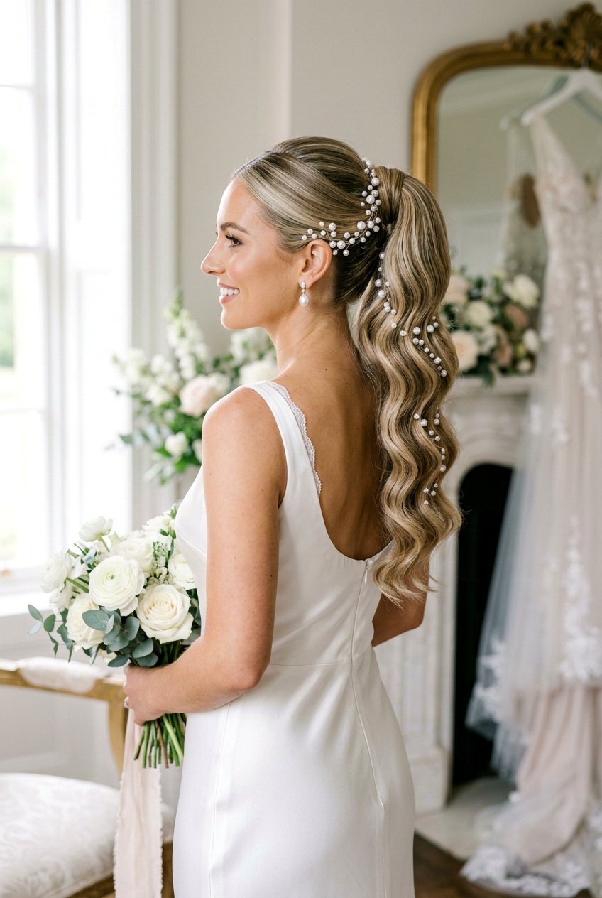 Hollywood Waves Bridal Ponytail - 20 bridal ponytail with pearl pins - 20 bridal ponytail with pearl pins
