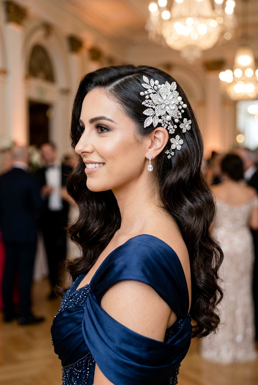 Hollywood Waves With Crystal Flower Pins - 20 bridal hairstyle with floral pins - 20 bridal hairstyle with floral pins
