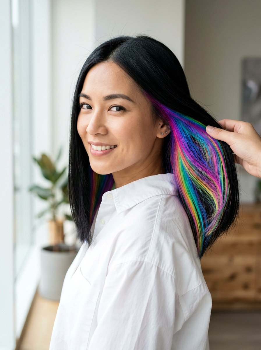 Holographic Peekaboo Highlights on Black Hair - 20 holographic peekaboo hair - 20 holographic peekaboo hair
