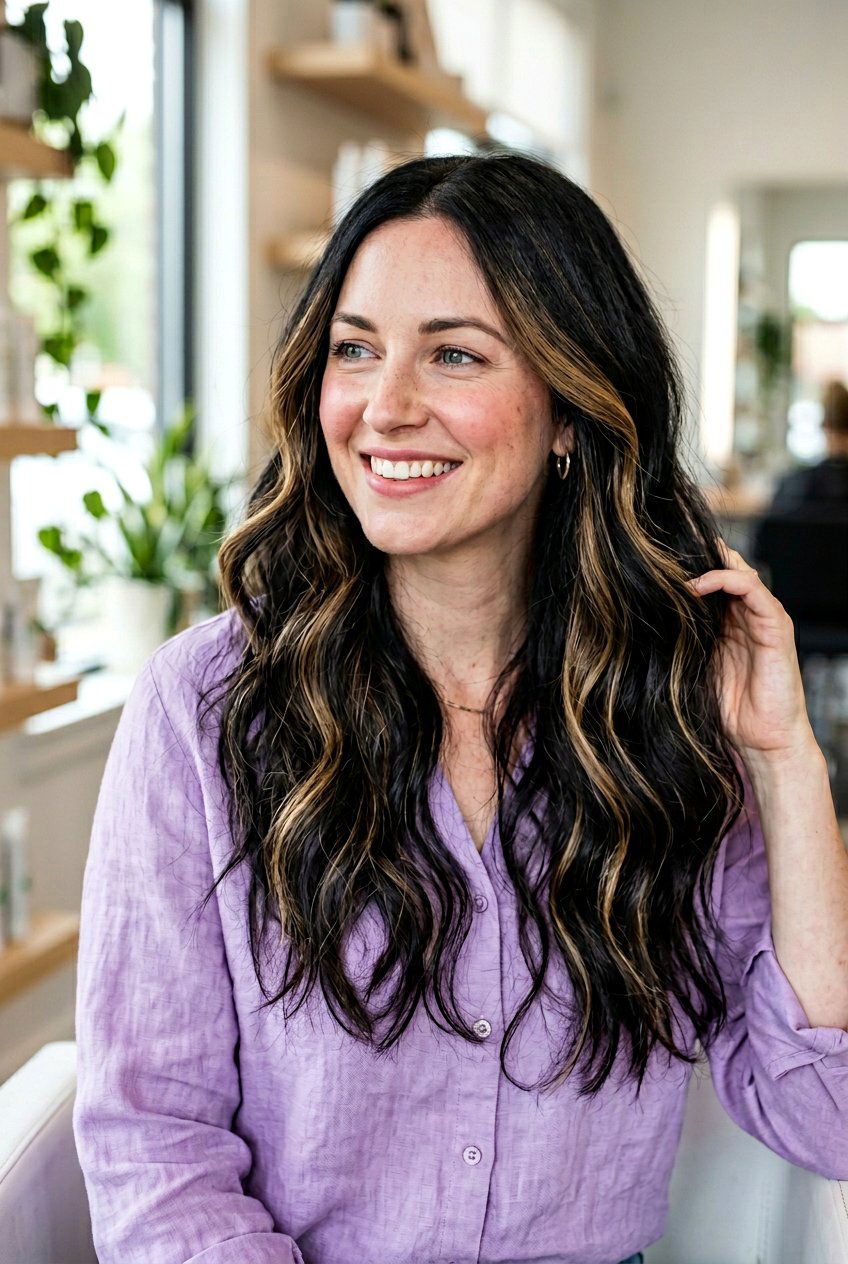 Honey Babylights On Black Hair For Cool Skin Tones - 20 black hair with honey babylights - 20 black hair with honey babylights