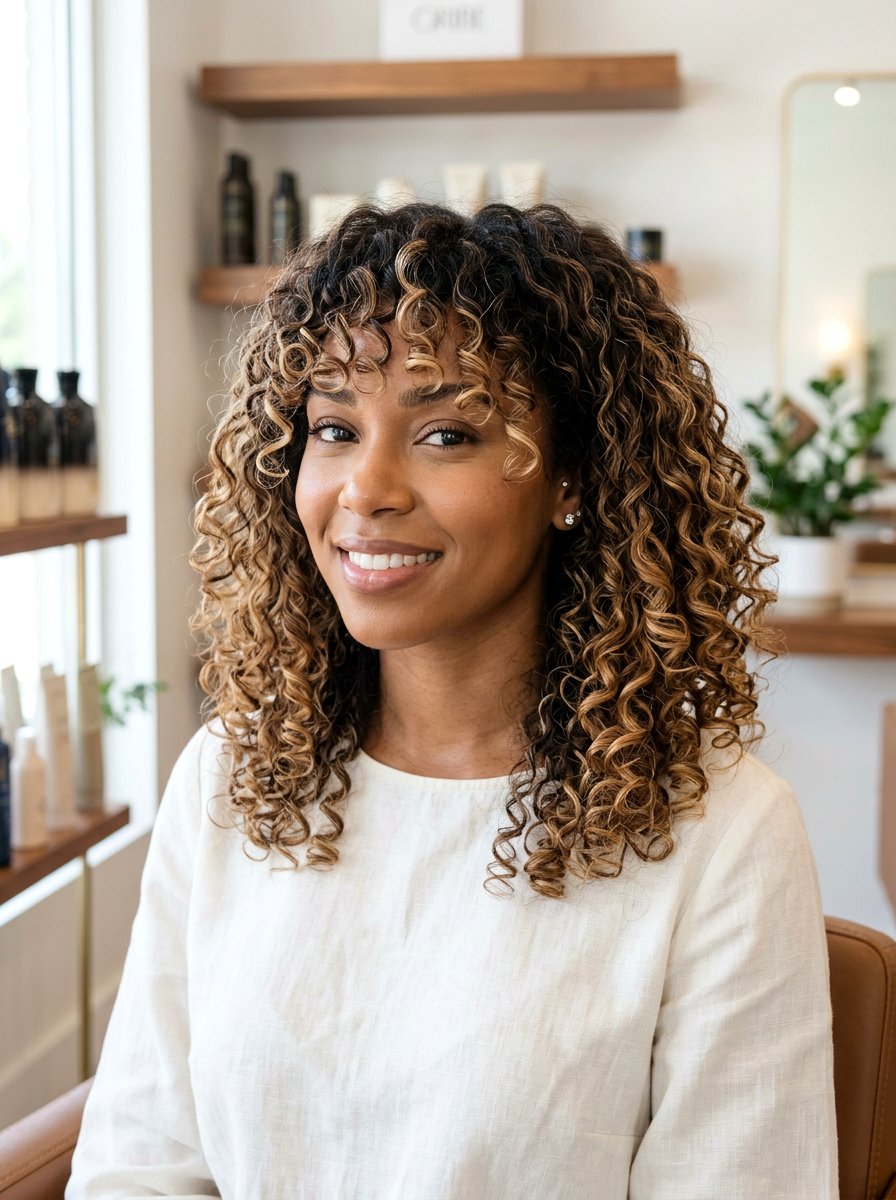 Honey Balayage On Curly Bangs - 20 honey balayage for curly hair - 20 honey balayage for curly hair