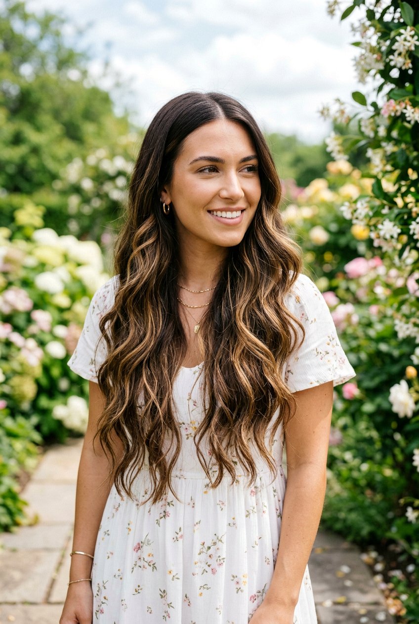Honey Balayage Ribbons On Long Brunette Hair - 20 honey ribbons on brunette hair - 20 honey ribbons on brunette hair