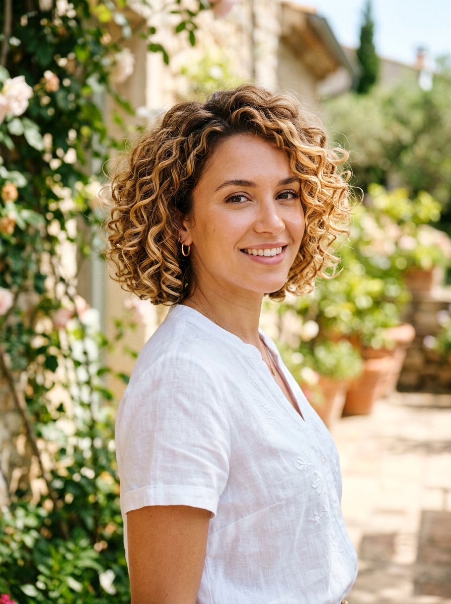 Honey Blonde Dimensional Balayage Short Curly Bob - 20 dimensional balayage for curly bob - 20 dimensional balayage for curly bob