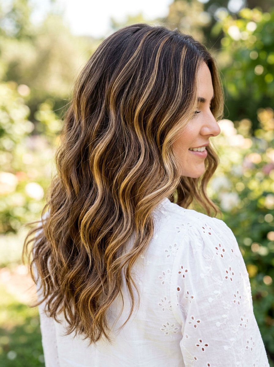 Honey Blonde Ribbons on Wavy Brunette Hair - 20 warm honey blonde with ribbons - 20 warm honey blonde with ribbons