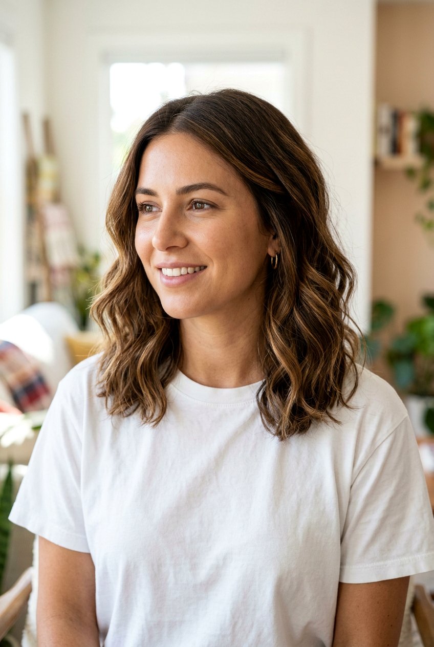 Honey Brown Ribbons With Soft Waves - 20 honey ribbons on brunette hair - 20 honey ribbons on brunette hair