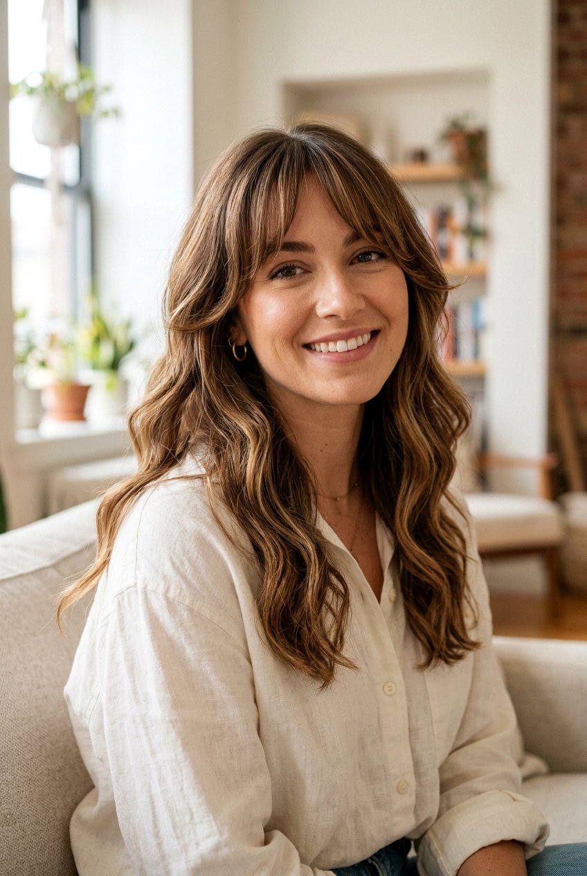 Honey Ribbons With Curtain Bangs On Brown Hair - 20 honey ribbons on brunette hair - 20 honey ribbons on brunette hair