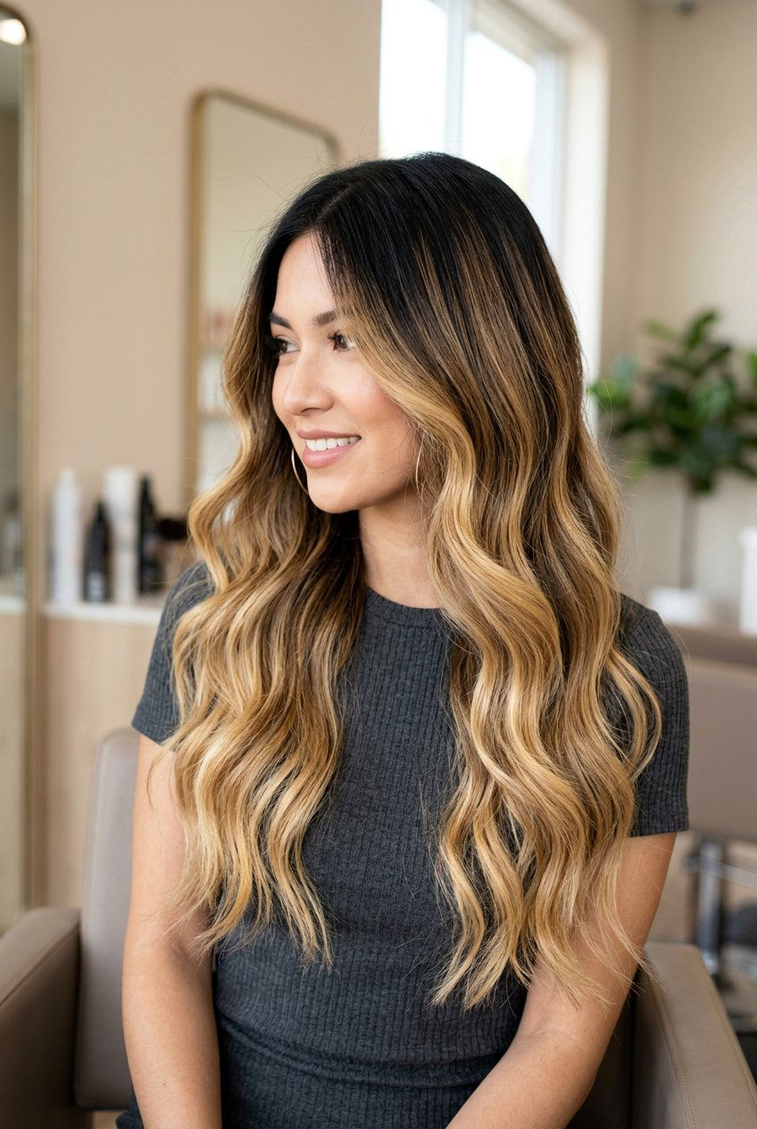 Honey blonde balayage on black hair - 20 honey highlights on dark hair - 20 honey highlights on dark hair