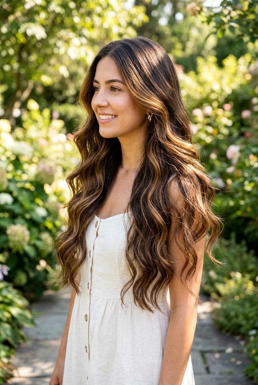 Honey caramel ribbons on dark brown hair - 20 delicate caramel ribbons for mature brunettes - 20 delicate caramel ribbons for mature brunettes