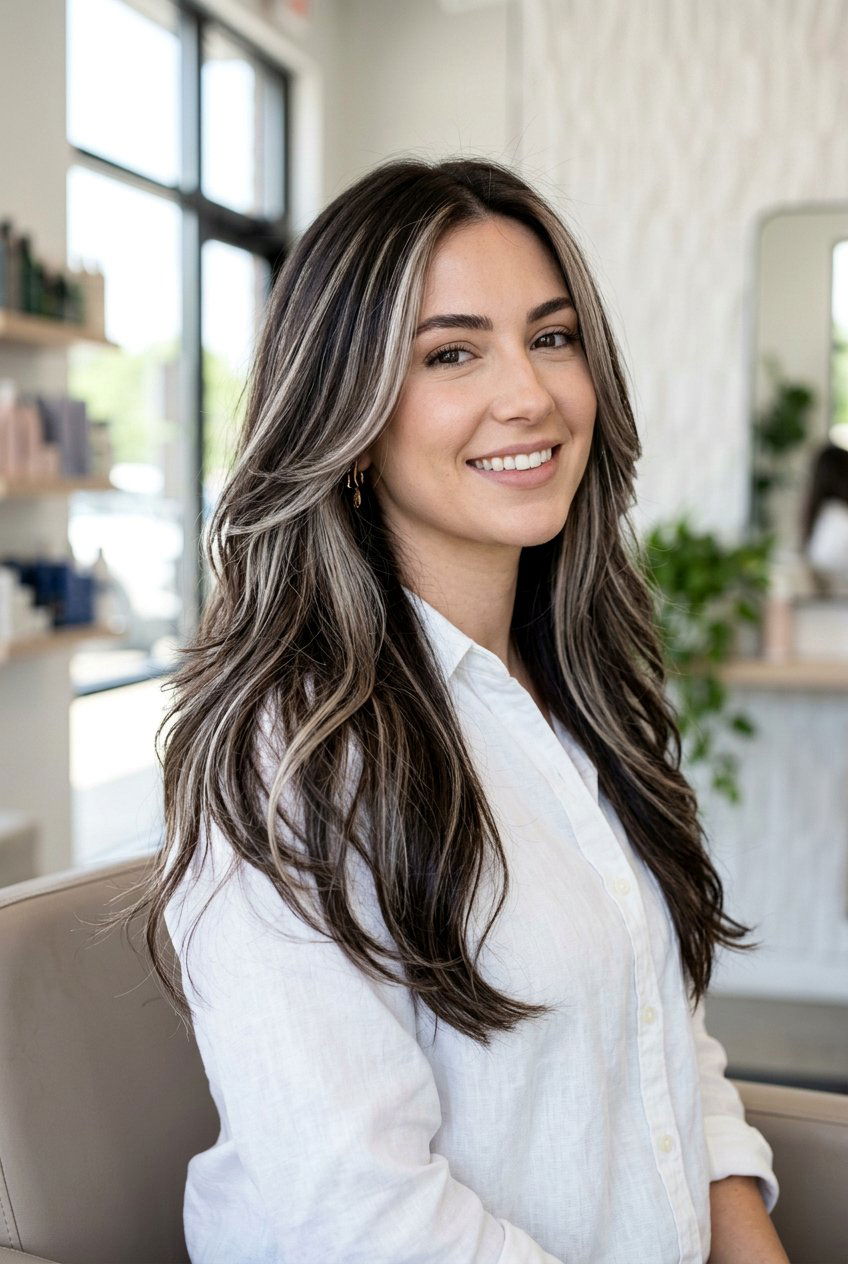 Icy Beige Highlights on Dark Brunette Hair - 20 dark brunette with cool beige highlights - 20 dark brunette with cool beige highlights