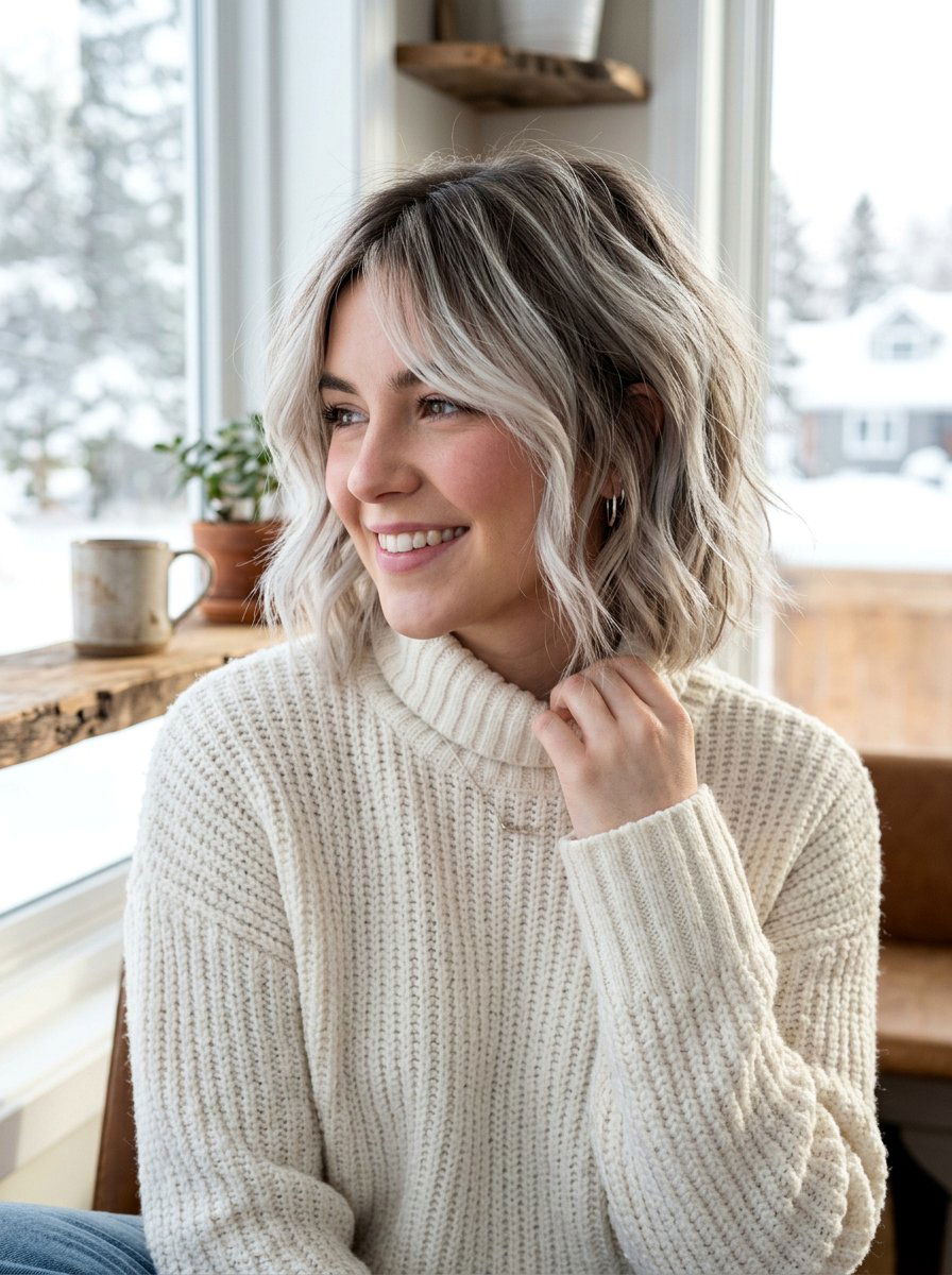 Icy Blonde Balayage On Textured Bob - 20 winter icy blonde balayage - 20 winter icy blonde balayage