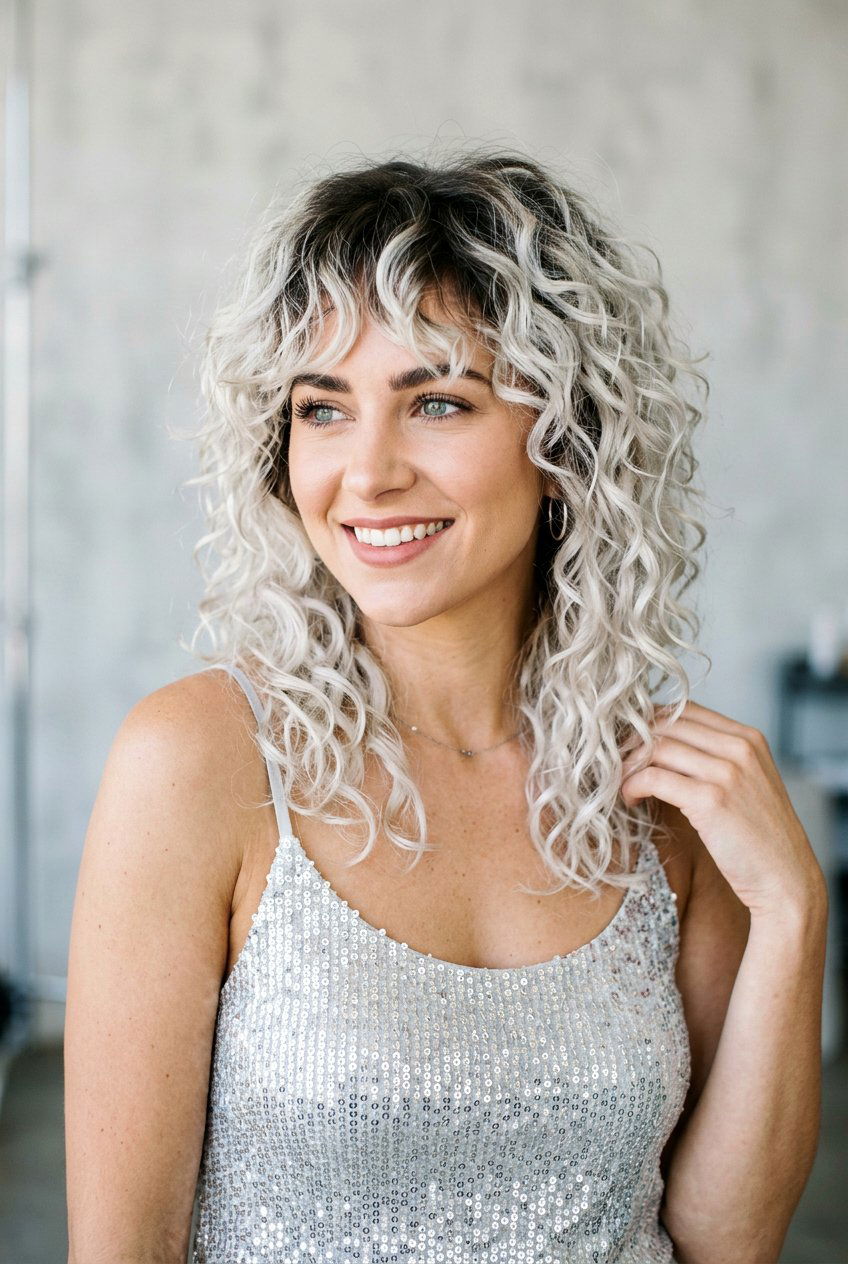 Icy Blonde Curly Shag With Dark Roots - 20 hair color ideas for curly shags - 20 hair color ideas for curly shags