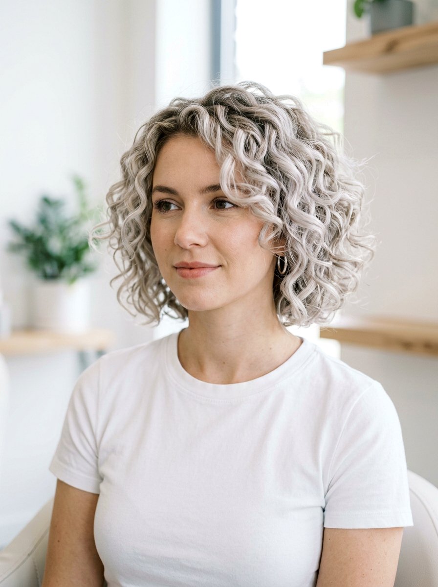 Icy Blonde Dimensional Balayage Cropped Curly Bob - 20 dimensional balayage for curly bob - 20 dimensional balayage for curly bob