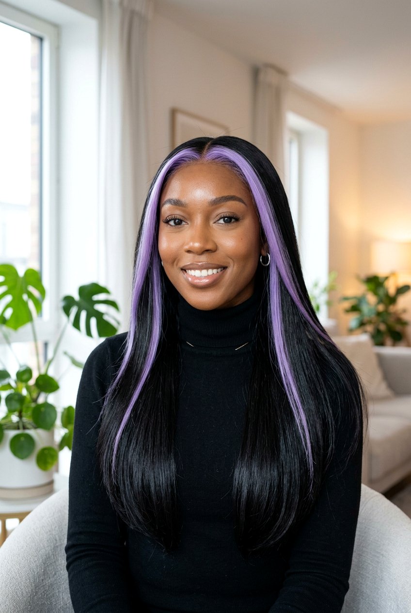 Icy Lilac Money Piece For Black Hair - 20 lilac money piece on dark hair - 20 lilac money piece on dark hair