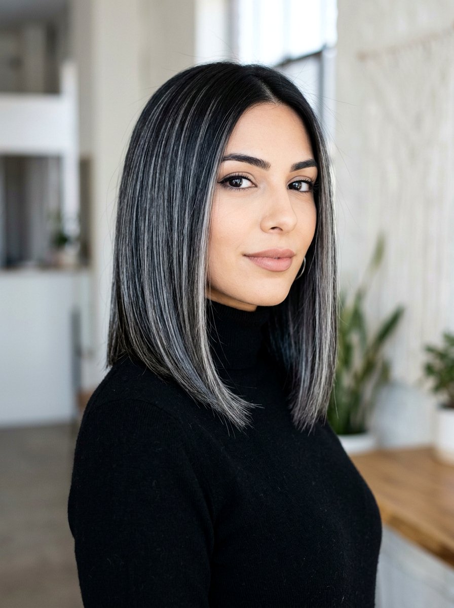 Icy Pearl Gray Highlights on Black Hair - 20 pearl gray blending highlights - 20 pearl gray blending highlights