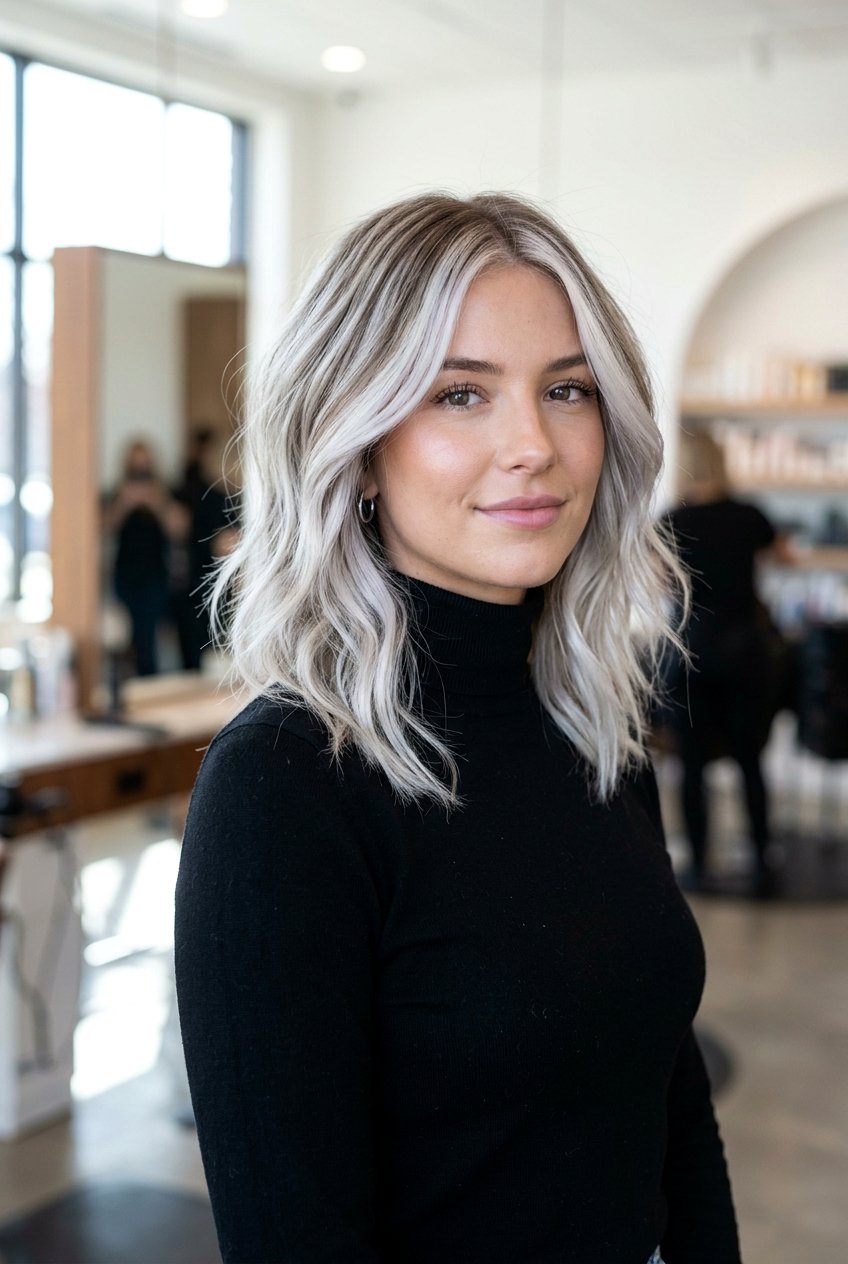 Icy Platinum Blonde Balayage On Layered Lob - 20 blonde balayage for shoulder length layers - 20 blonde balayage for shoulder length layers