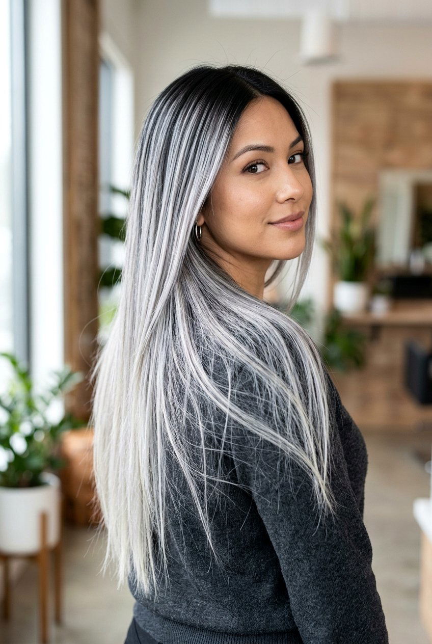 Icy Silver Balayage Black Hair - 20 silver balayage for dark hair - 20 silver balayage for dark hair