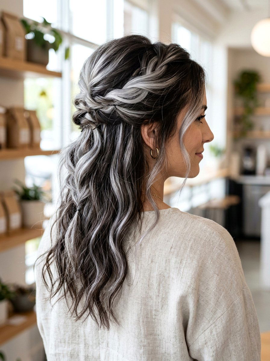 Icy Silver Balayage On Dark Hair Half Up Half Down - 20 icy silver balayage on dark hair - 20 icy silver balayage on dark hair