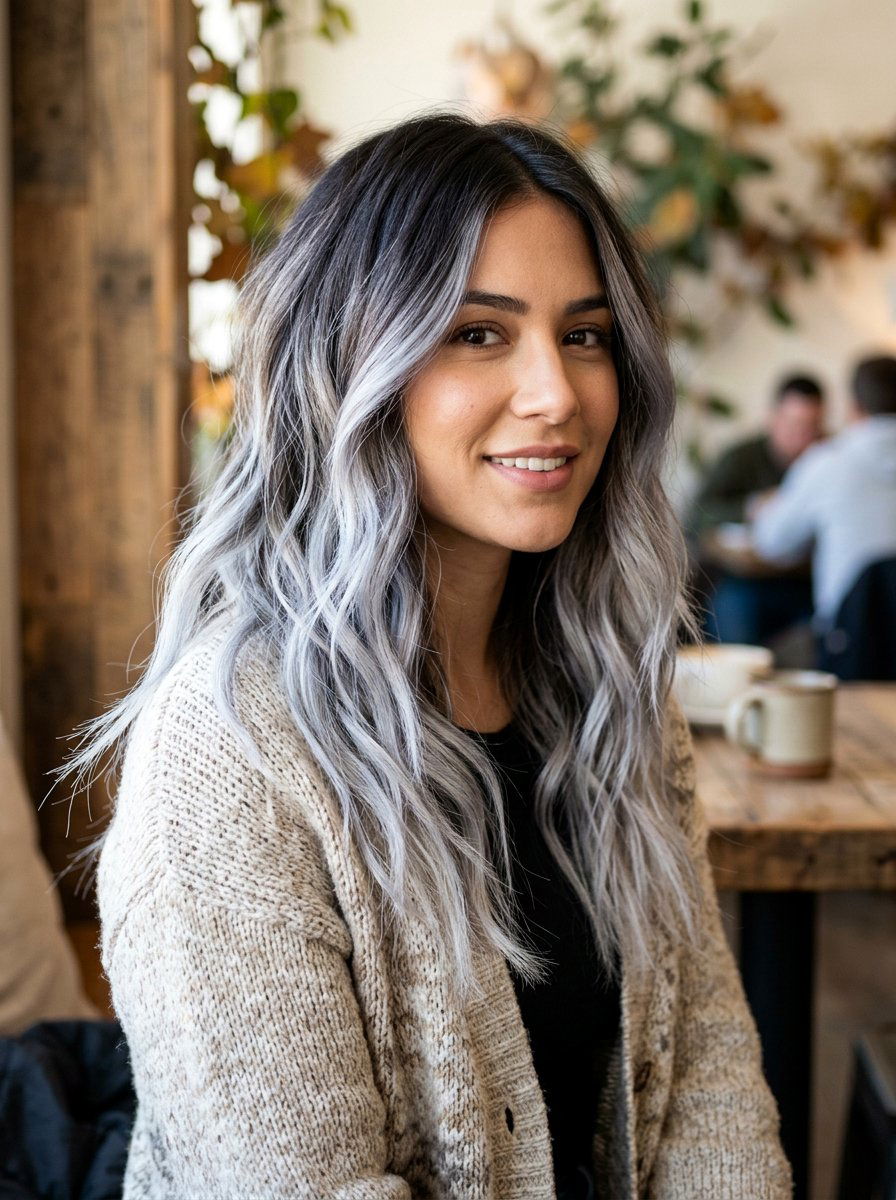 Icy Silver Balayage On Dark Hair Textured Ends - 20 icy silver balayage on dark hair - 20 icy silver balayage on dark hair