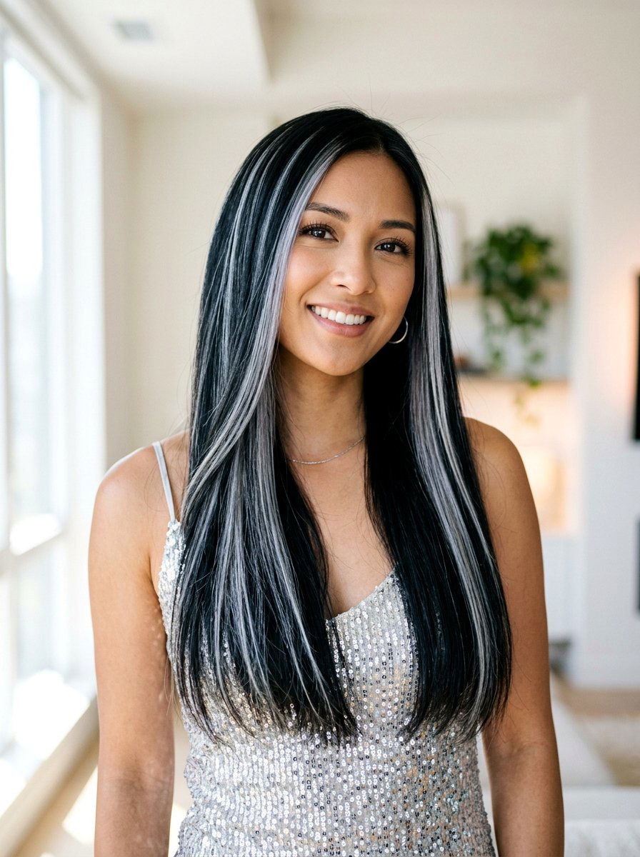 Icy Silver Highlights on Black Hair - 20 silver blending highlights for dark hair - 20 silver blending highlights for dark hair