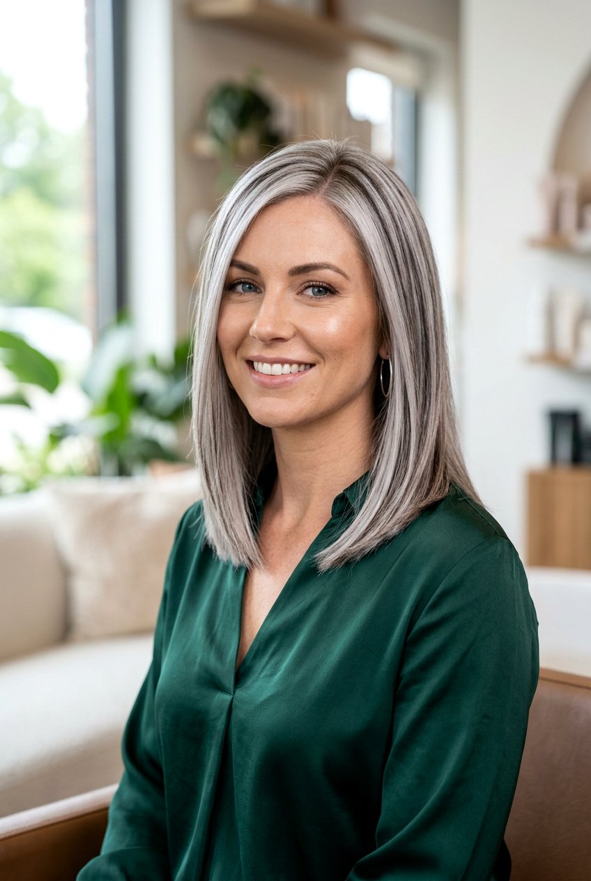 Icy Silver Lob with Deep Sable Lowlights - 20 salt and pepper blend with lowlights - 20 salt and pepper blend with lowlights