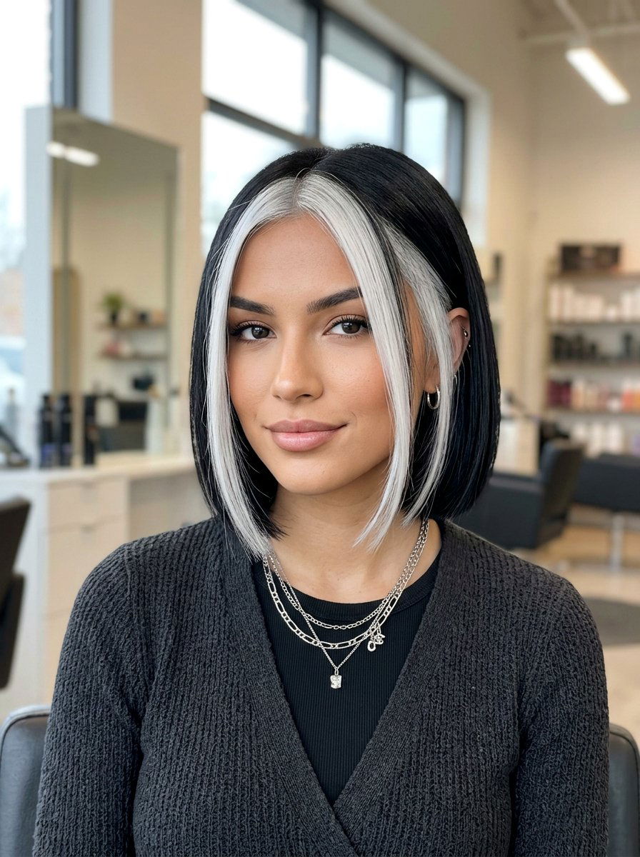 Icy Silver Money Piece on Black Bob - 20 silver money piece for gray transition - 20 silver money piece for gray transition