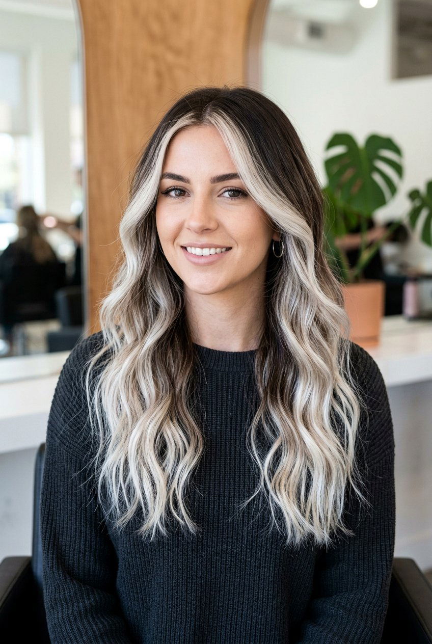 Icy blonde balayage on deep brown hair - 20 high contrast balayage hair - 20 high contrast balayage hair