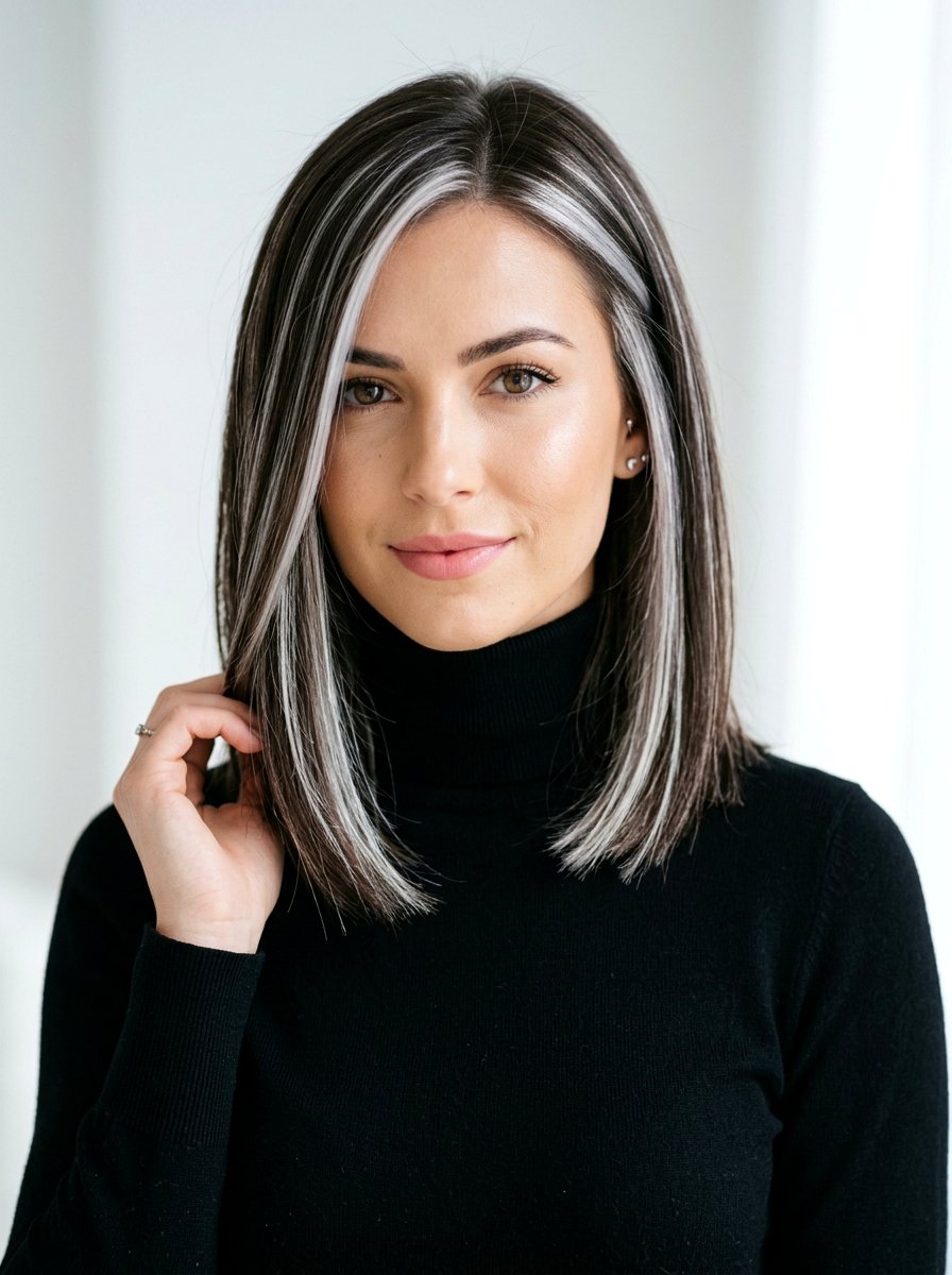 Icy silver highlights dark brown hair - 20 silver streaks on brunette hair - 20 silver streaks on brunette hair