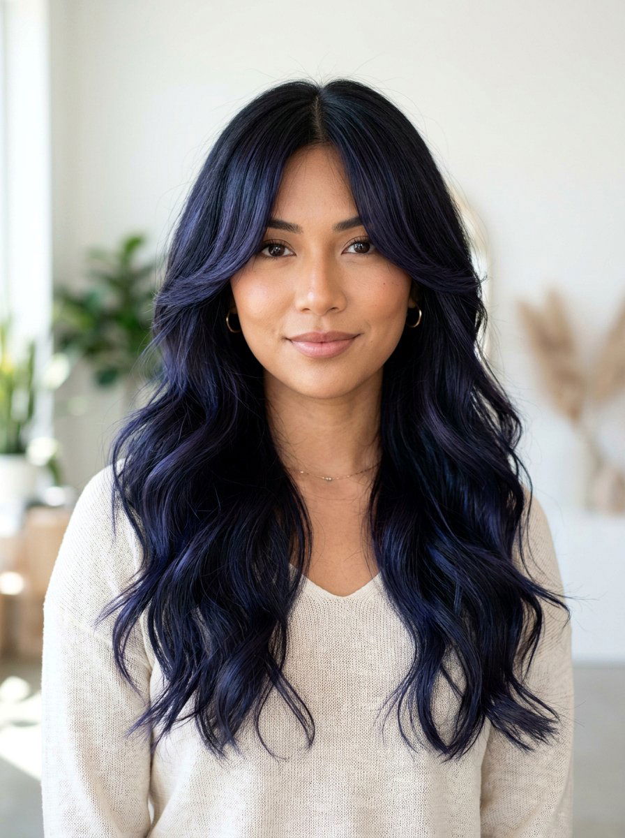 Indigo Black Balayage On Curtain Bangs - 20 indigo black balayage - 20 indigo black balayage