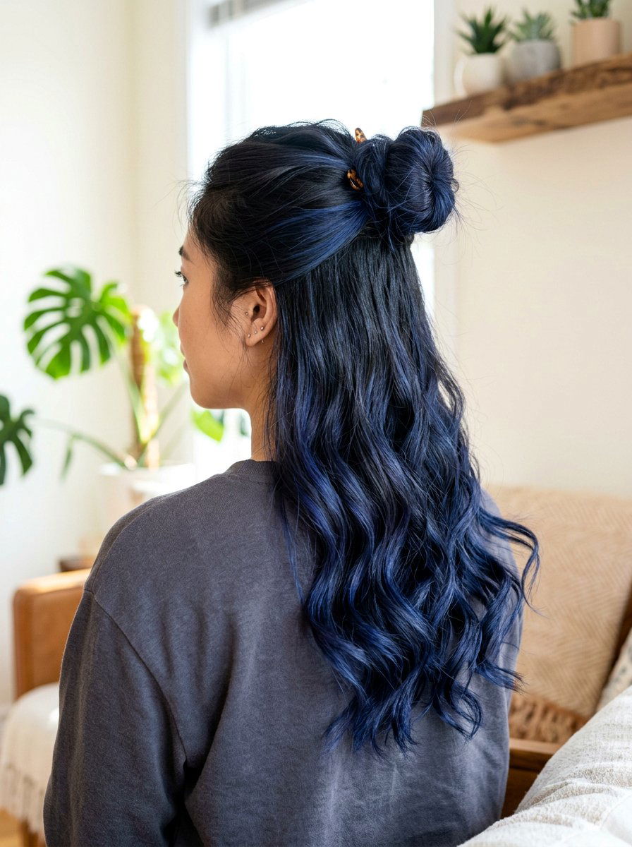 Indigo Black Balayage On Half Up Hairstyle - 20 indigo black balayage - 20 indigo black balayage