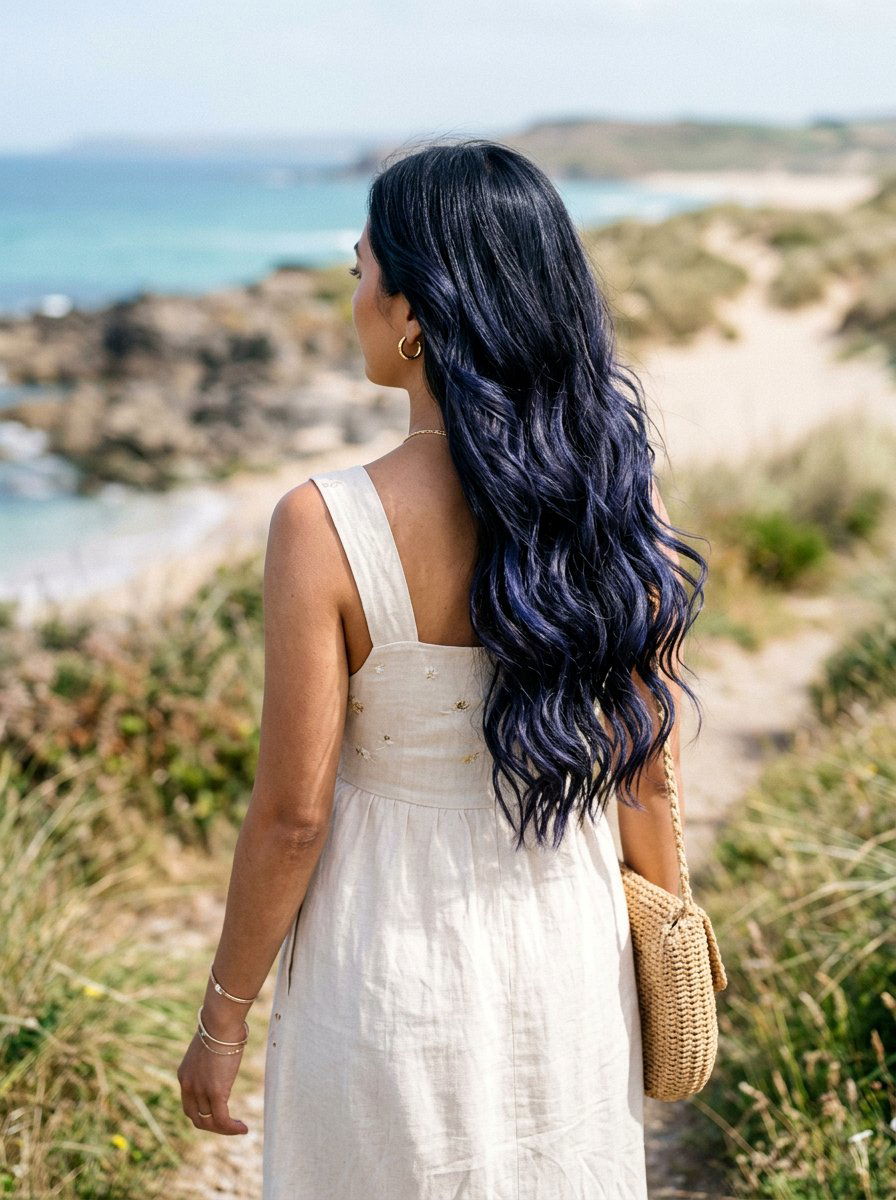 Indigo Black Balayage On Long Beach Waves - 20 indigo black balayage - 20 indigo black balayage