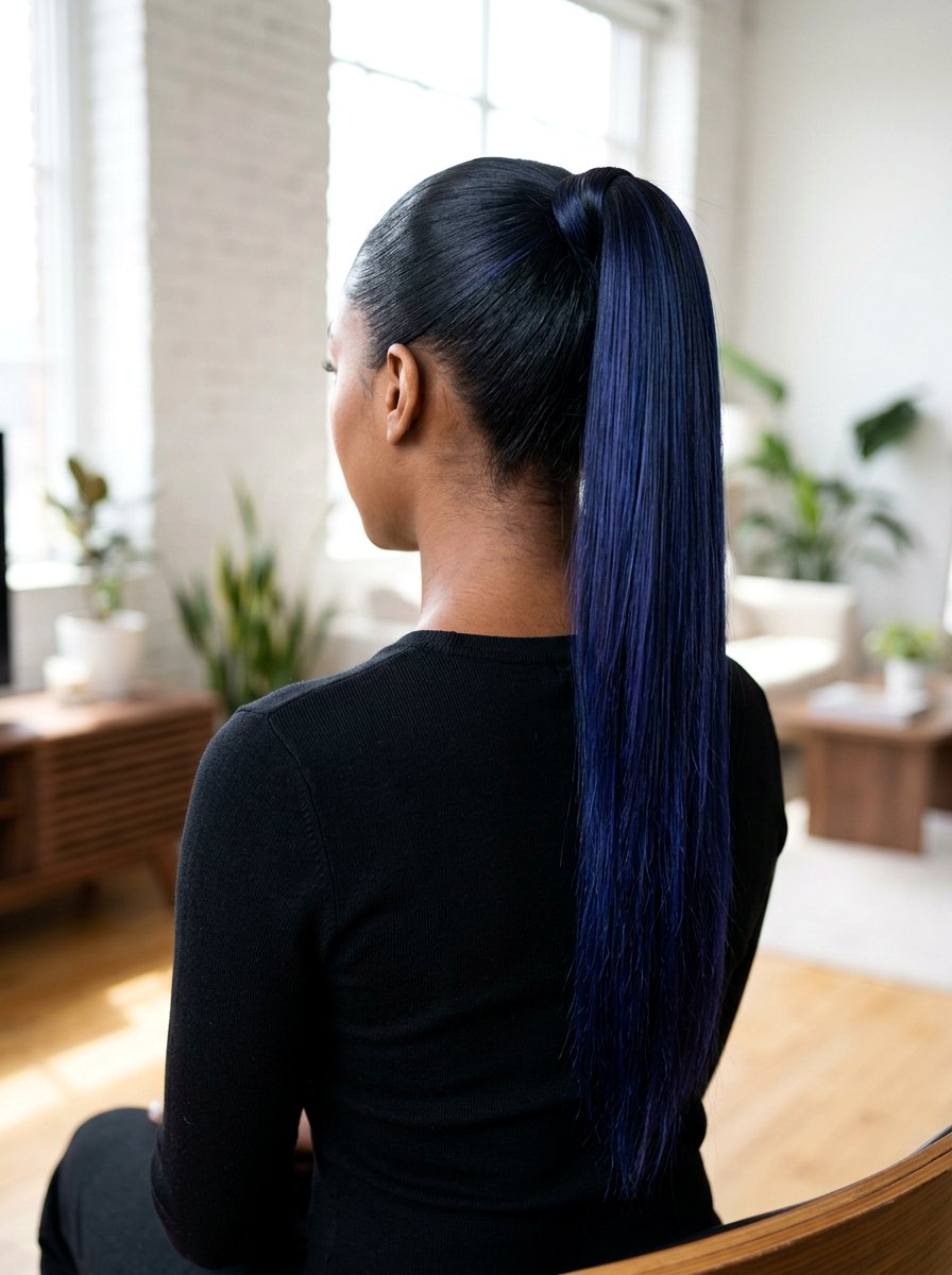 Indigo Black Balayage On Long Sleek Ponytail - 20 indigo black balayage - 20 indigo black balayage