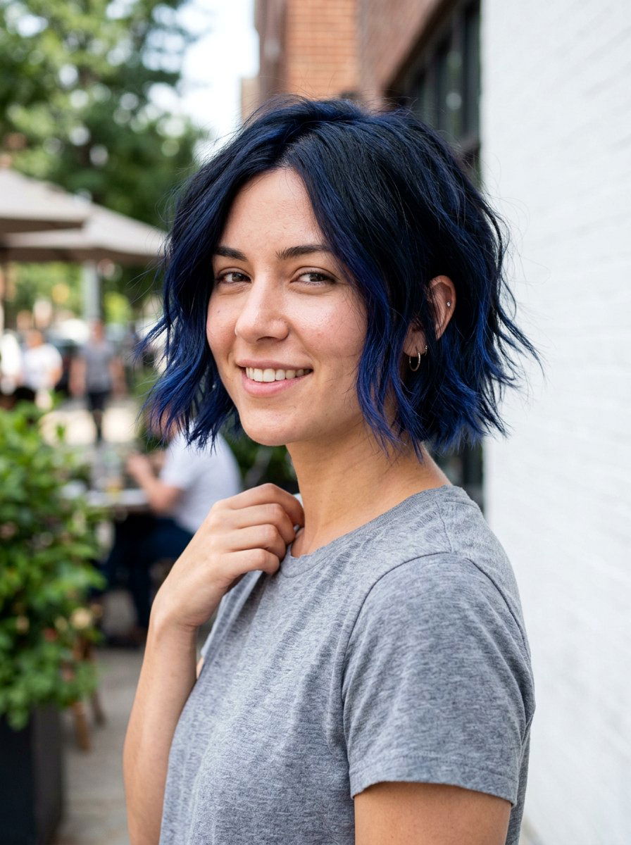 Indigo Black Balayage On Short Choppy Bob - 20 indigo black balayage - 20 indigo black balayage