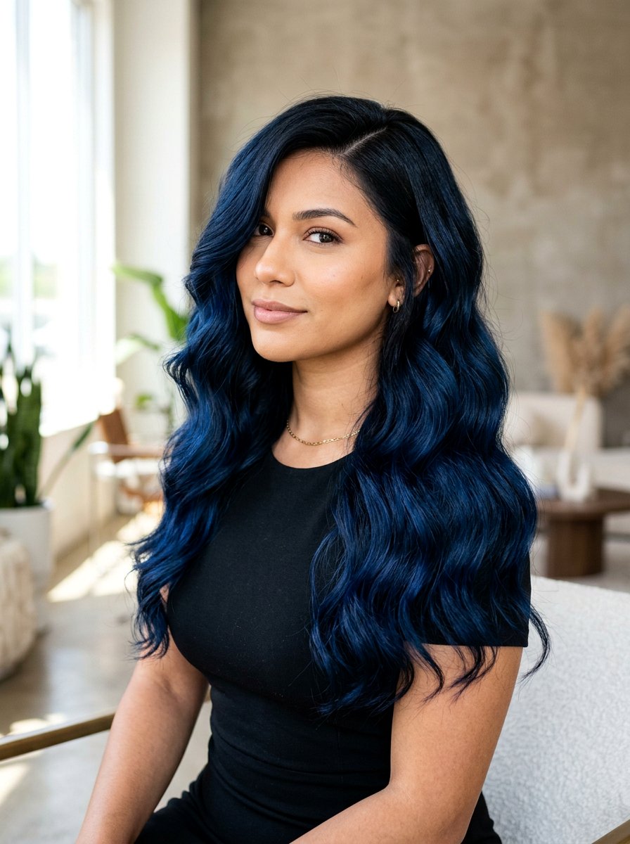 Indigo Black Balayage On Side Part Waves - 20 indigo black balayage - 20 indigo black balayage