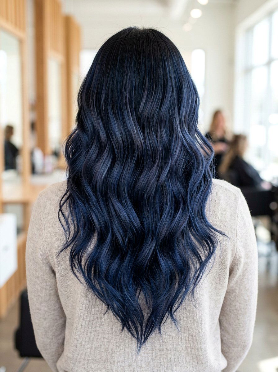 Indigo Black Balayage On V Cut Long Hair - 20 indigo black balayage - 20 indigo black balayage