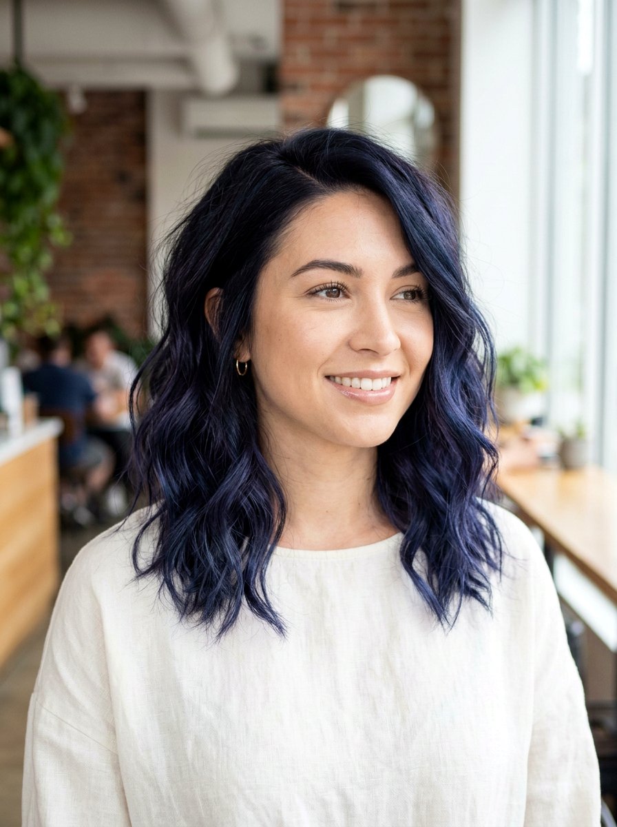 Indigo Black Balayage On Wavy Lob - 20 indigo black balayage - 20 indigo black balayage