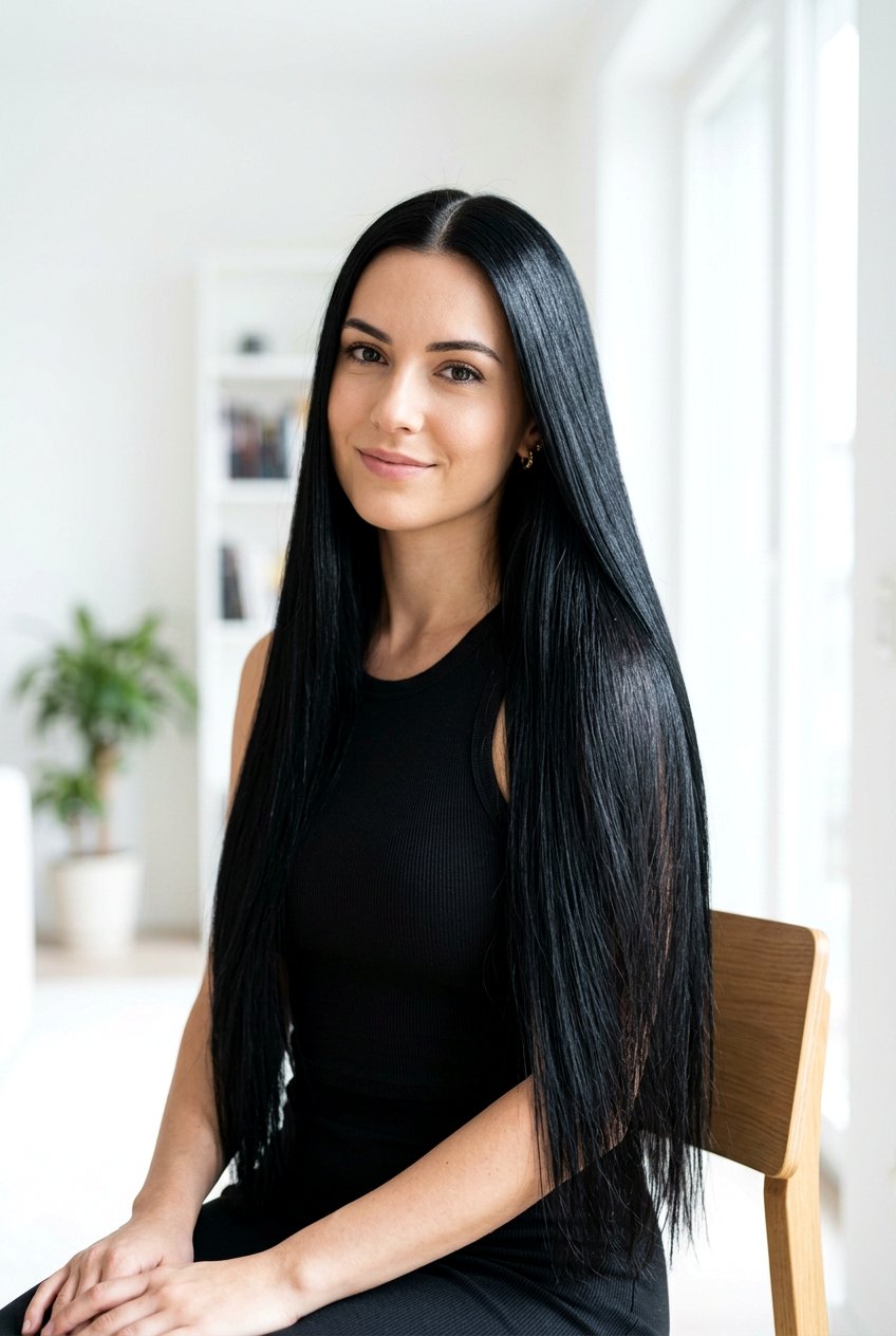 Ink Black Long Straight Hair - 20 ink black hair color - 20 ink black hair color