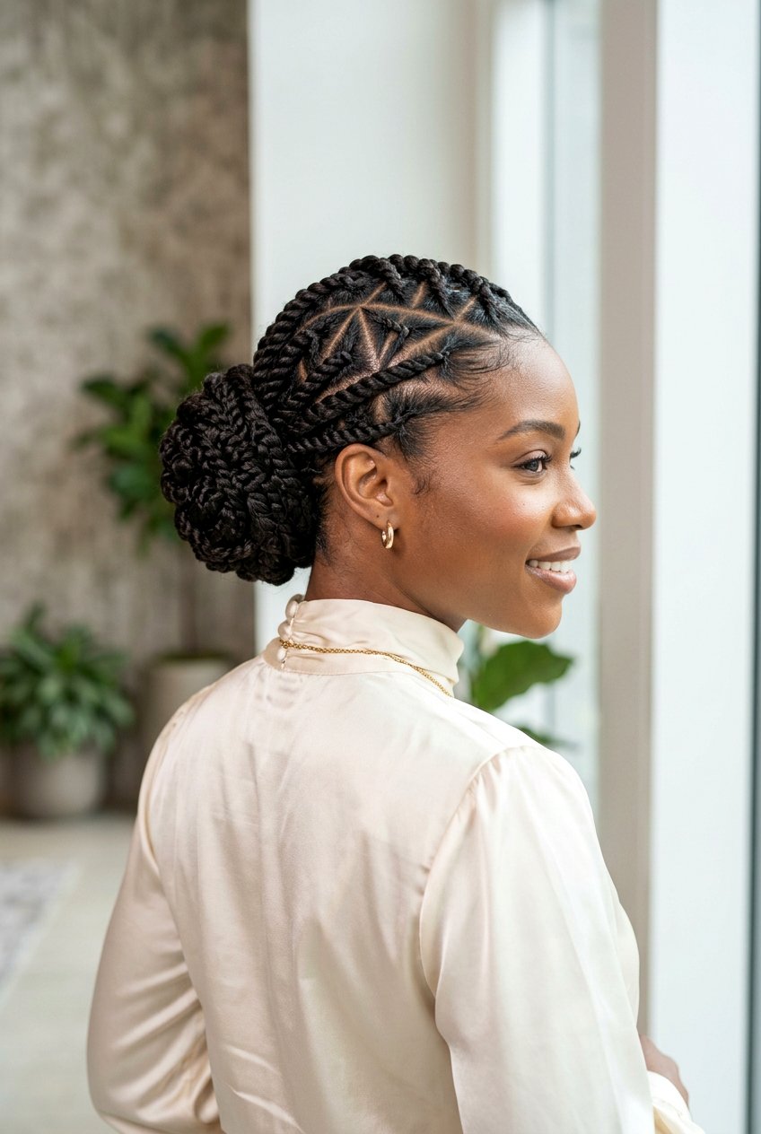 Intricate Flat Twist Bun Patterns - 20 flat twists into bun hairstyle - 20 flat twists into bun hairstyle