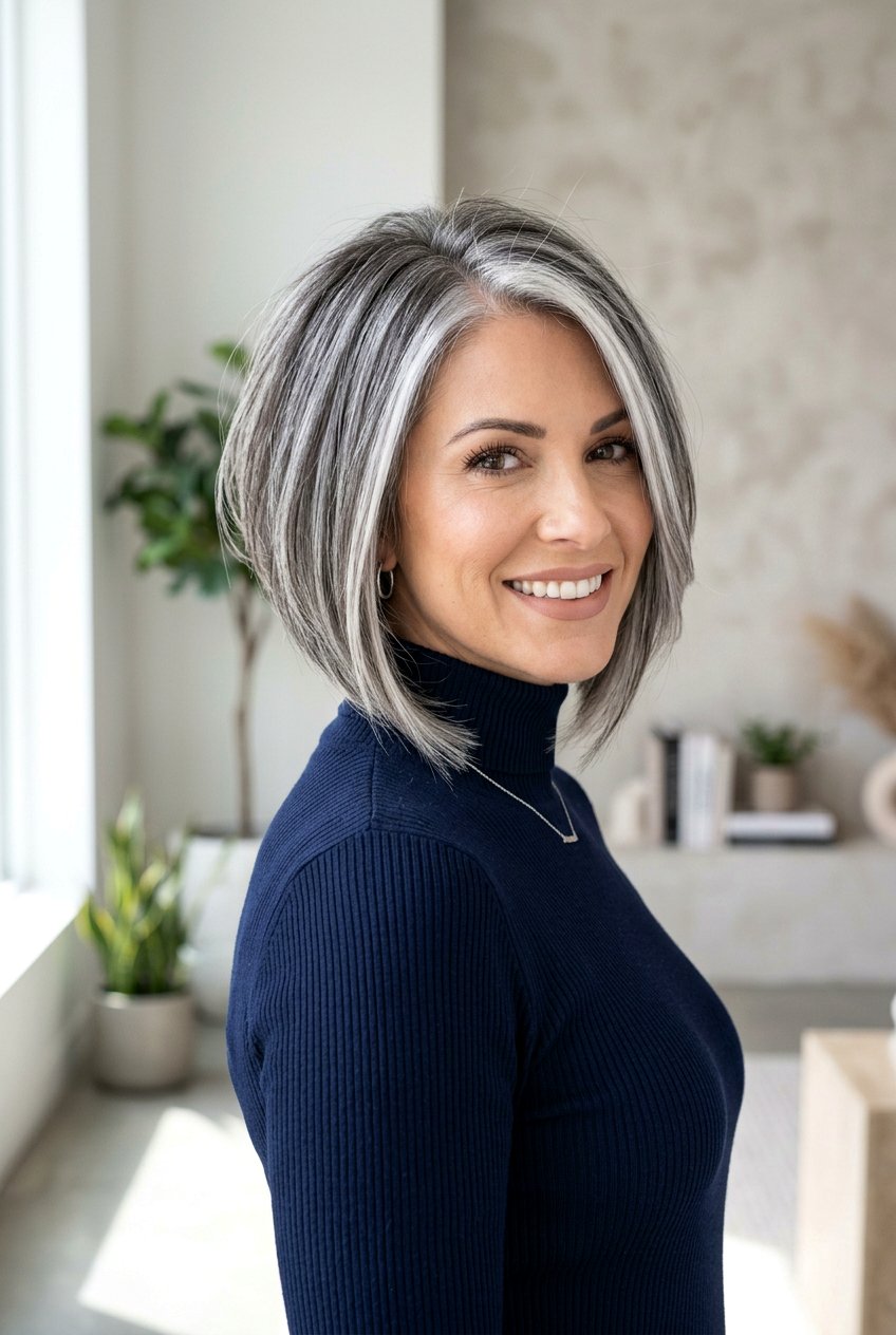 Inverted Bob Silver Highlights - 20 gray blending bob with highlights - 20 gray blending bob with highlights
