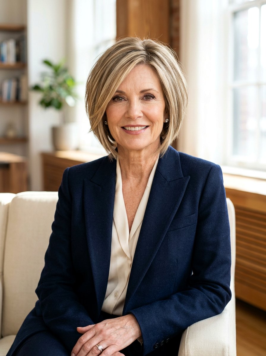 Inverted Feathered Bob With Blonde Highlights - 20 short feathered bob for women over 60 - 20 short feathered bob for women over 60