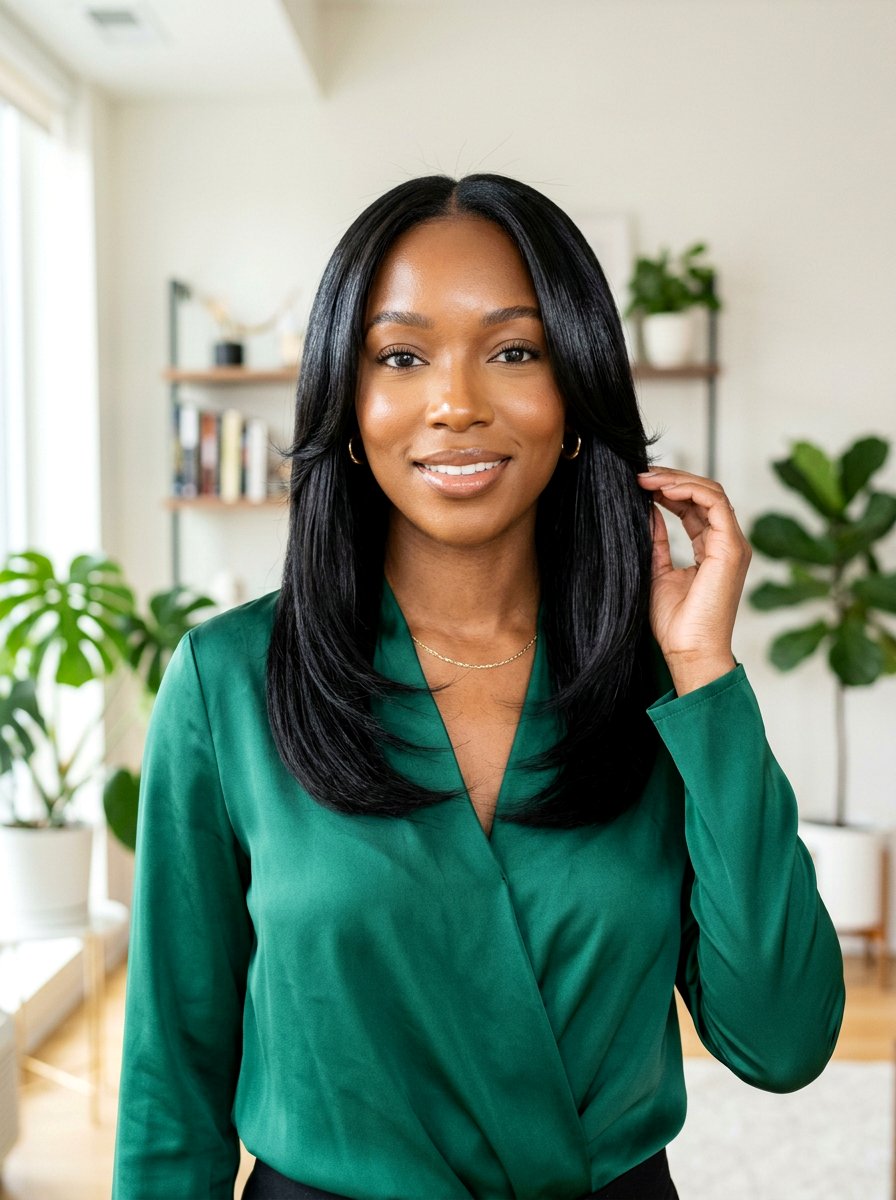 Jet Black Silk Press With Face Framing Layers - 20 silk press with face framing layers - 20 silk press with face framing layers