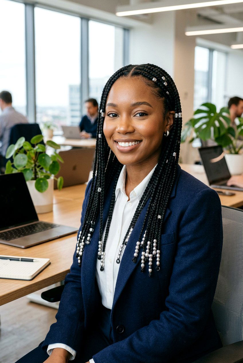 Jet black knotless braids with metallic beads - 20 waist length knotless braids with beads - 20 waist length knotless braids with beads
