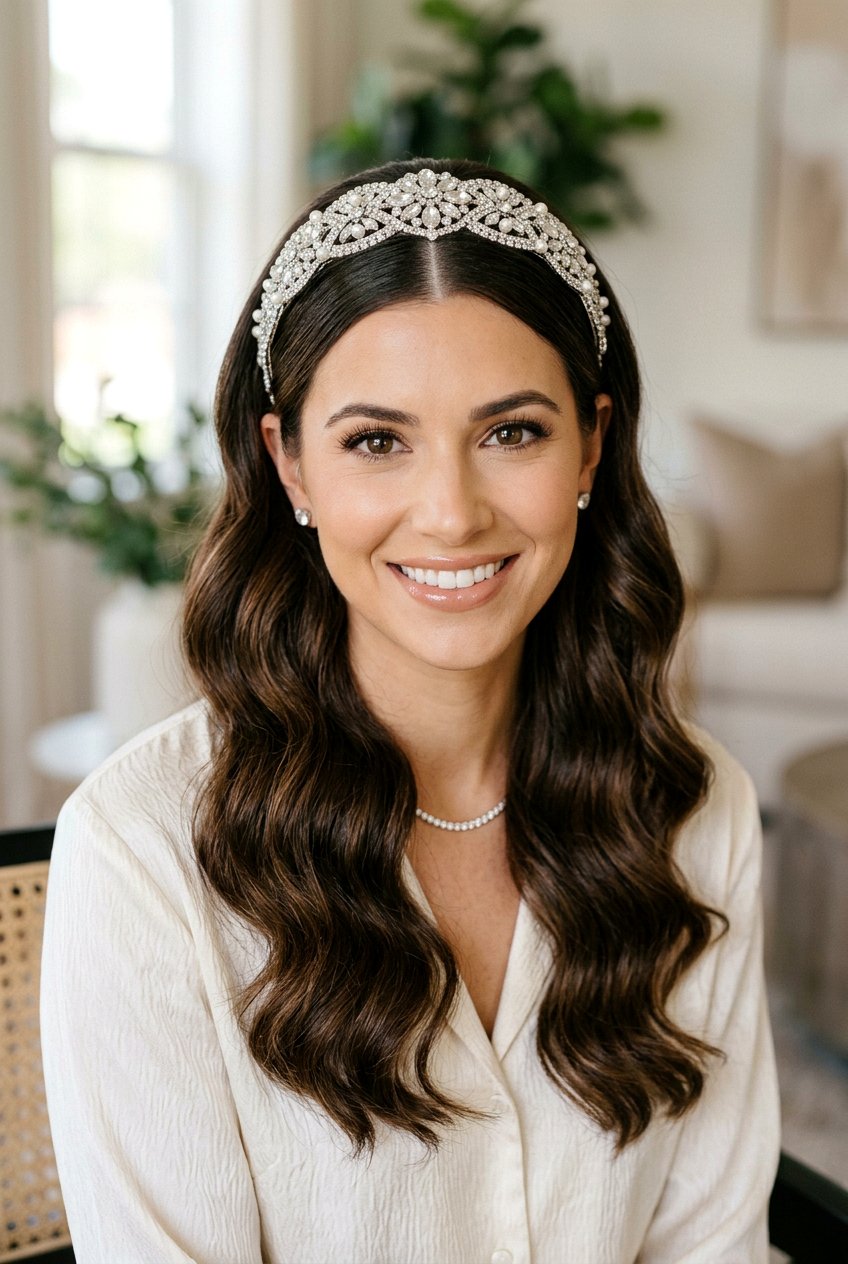 Jeweled Headband Look - 20 bridal hairstyle with center part - 20 bridal hairstyle with center part